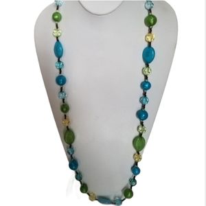 Blue Green Amber Beaded Necklace 33" sweater necklace *